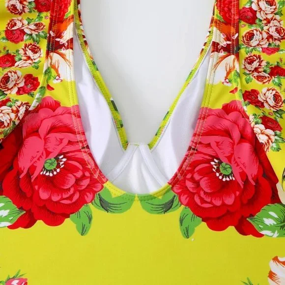Callie Chartreuse: Red Peony Floral Print Ruffle Cap Sleeve Retro Swimsuit - Picture 16 of 17
